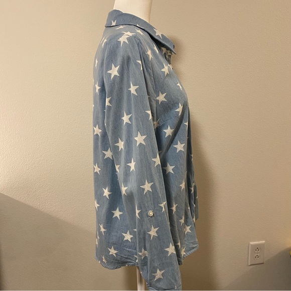 ModCloth Blue Cotton Chambray Star Print Long-Sleeve Button Shirt - Picture 4 of 15